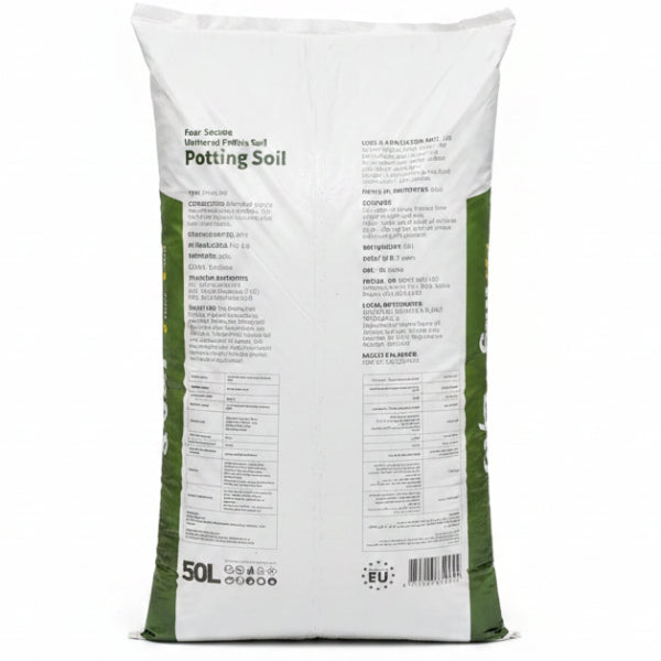 A 50L bag of potting soil shown from the back, featuring detailed product information, usage guidelines, and specifications printed in black text on a white bag with green side panels.