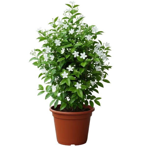A potted flowering plant with dense green foliage and small white blossoms, shown in a brown plastic nursery pot against a plain white background.