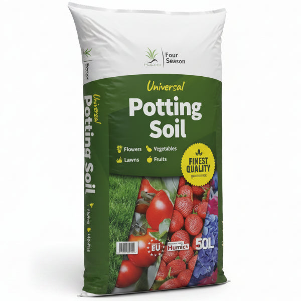 A 50L bag of Four Season Universal Potting Soil, featuring a green and white design with illustrations of various plants and fruits, and a yellow 'Finest Quality Guarantee' badge.